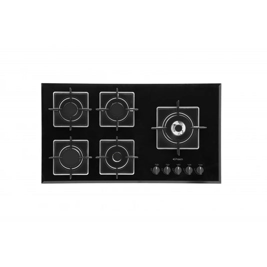 Conti Black Glass Gas Hob, 5 Burners with Defendi Triple Burner, Heavy Cast Iron Pan Supports, One-Hand Auto Ignition, Safety Valve, Elegant Black Glass Design – High Performance Italian Quality Cooking 90 cm