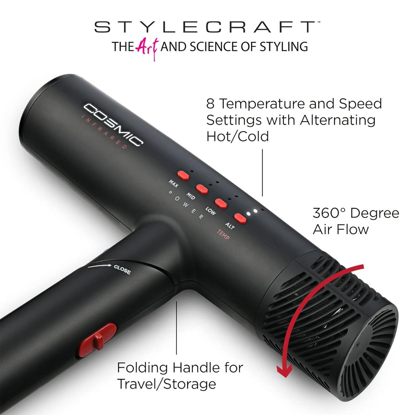StyleCraft Cosmic Professional Ultra-Lightweight Foldable Hair Dryer Digital Motor with Infrared Ionic Technology (SC Pro Ionic - Tech)