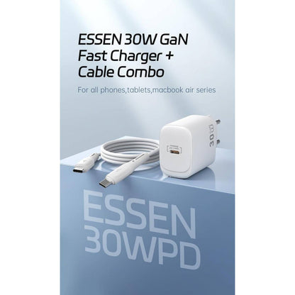 WIWU Wi-G008 30W Essen Series GaN Tech PD Fast Charging Adapter with Type-C to Type, White