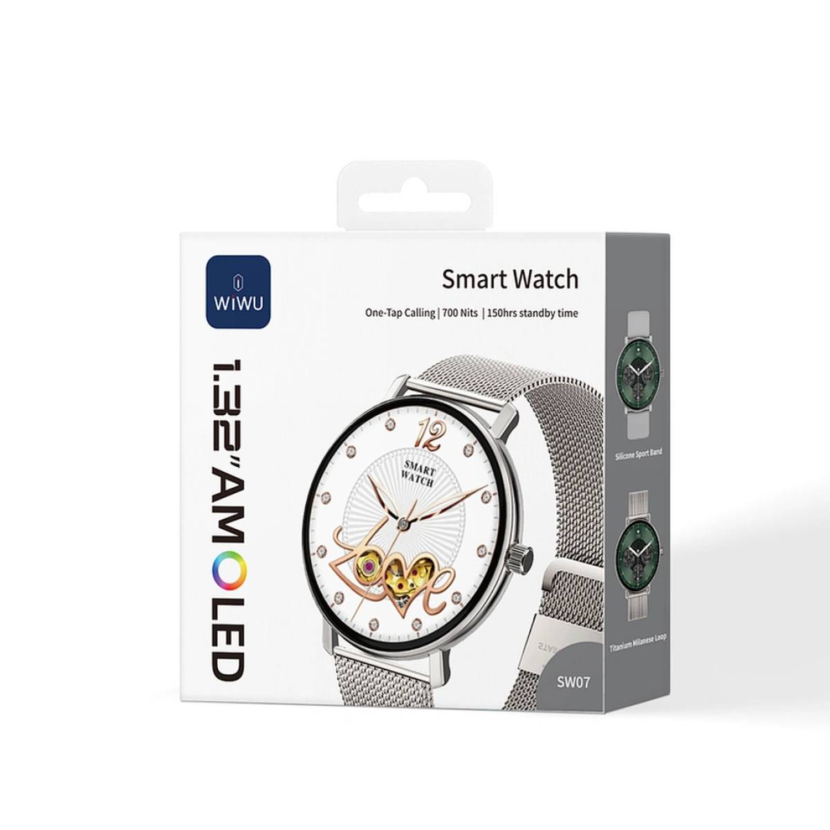 WiWU SW07 Smart Watch, IP68 Waterproof, Screen Size 1.32" AMOLED, Health Tracking ,Voice Assistant, Multi-Sport Modes, Silver