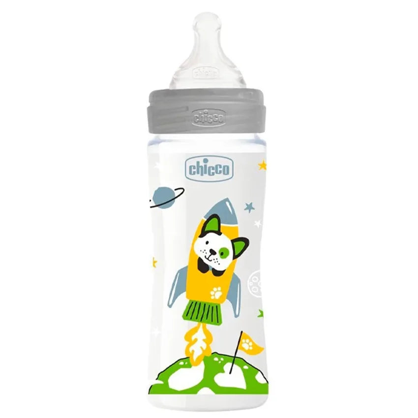 Chicco Well Being plastic baby bottle with fast flow silicone nipple, 330 ml (4 m+) Grey