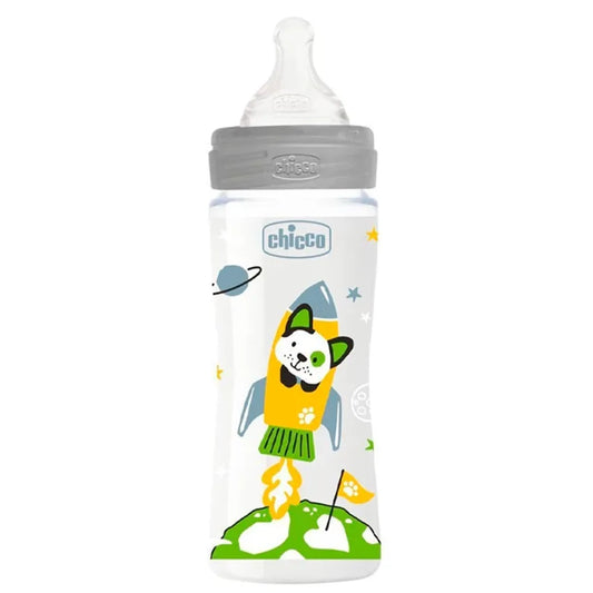 Chicco Well Being plastic baby bottle with fast flow silicone nipple, 330 ml (4 m+) Grey