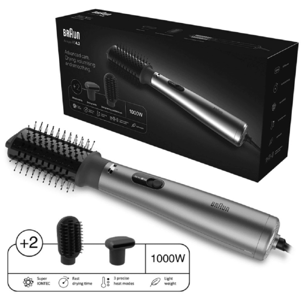 Braun Air Styler AS4.3, Advanced Care, Hair Drying, Volumiser and Smoothing, 1000 Watts, with 2 Attachment Drying Nozzle and Paddle Brush, Air Brush BRAS430SDE - Ionic Grey