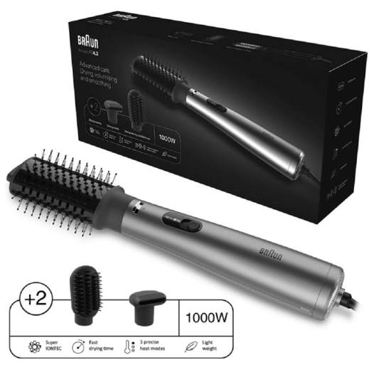 Braun Air Styler AS4.3, Advanced Care, Hair Drying, Volumiser and Smoothing, 1000 Watts, with 2 Attachment Drying Nozzle and Paddle Brush, Air Brush BRAS430SDE - Ionic Grey