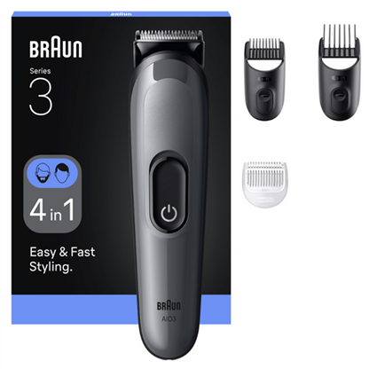 Braun AIO3500 4-in-1 Hair Clipper with 2 Rechargeable Heads for Hair and Beard (Gray)