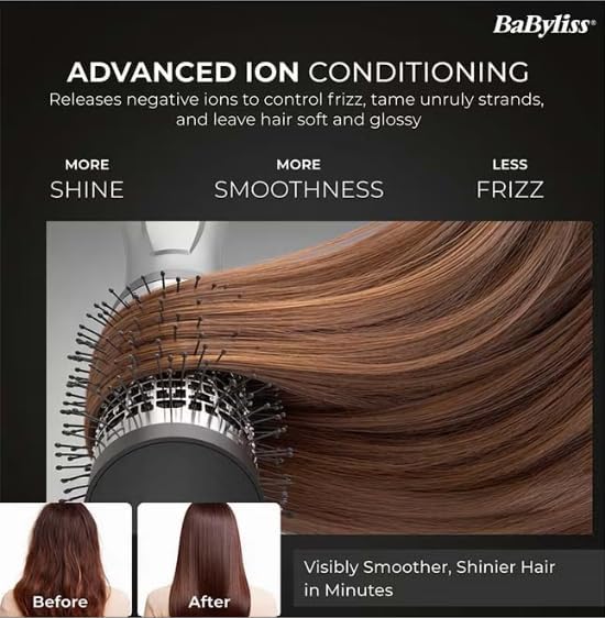 BaByliss 1000W Air Styler Hair Dryer, Ionic Frizz Control, 3 Styling Attachments, 50mm Volumising Brush, Blow Dry Brush, Drying Nozzle, Cool Shot AS261SDE Dark Grey