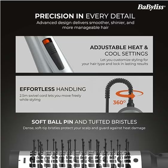 BaByliss 1000W Air Styler Hair Dryer, Ionic Frizz Control, 3 Styling Attachments, 50mm Volumising Brush, Blow Dry Brush, Drying Nozzle, Cool Shot AS261SDE Dark Grey
