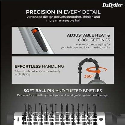 BaByliss 1000W Air Styler Hair Dryer, Ionic Frizz Control, 3 Styling Attachments, 50mm Volumising Brush, Blow Dry Brush, Drying Nozzle, Cool Shot AS261SDE Dark Grey