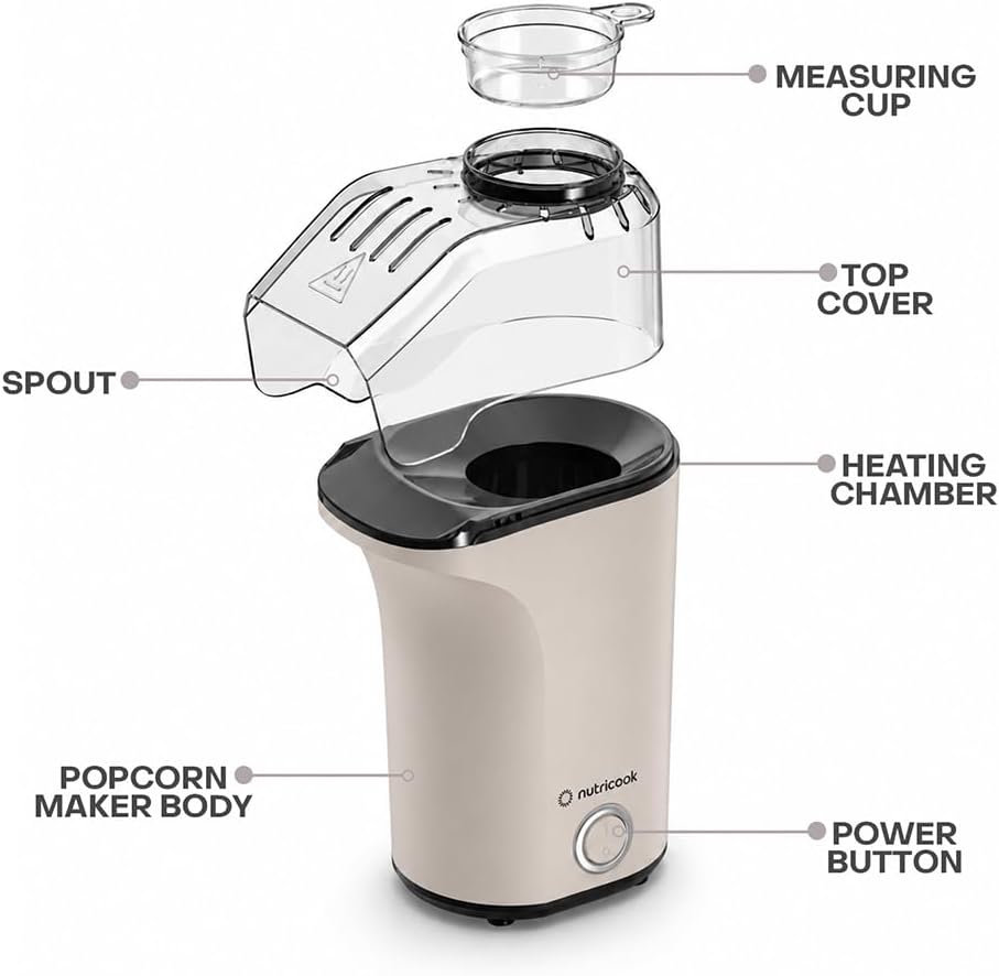 Nutricook Popcorn Maker | 16-Cup Oil-Free Hot Air Popper, Measuring Cup & Butter Melter – NC-PM150BG (Beige)