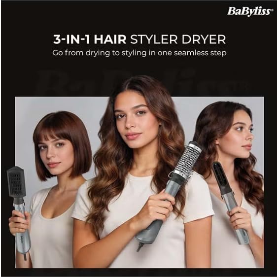 BaByliss 1000W Air Styler Hair Dryer, Ionic Frizz Control, 3 Styling Attachments, 50mm Volumising Brush, Blow Dry Brush, Drying Nozzle, Cool Shot AS261SDE Dark Grey