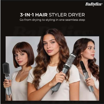 BaByliss 1000W Air Styler Hair Dryer, Ionic Frizz Control, 3 Styling Attachments, 50mm Volumising Brush, Blow Dry Brush, Drying Nozzle, Cool Shot AS261SDE Dark Grey