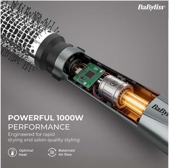 BaByliss 1000W Air Styler Hair Dryer, Ionic Frizz Control, 3 Styling Attachments, 50mm Volumising Brush, Blow Dry Brush, Drying Nozzle, Cool Shot AS261SDE Dark Grey