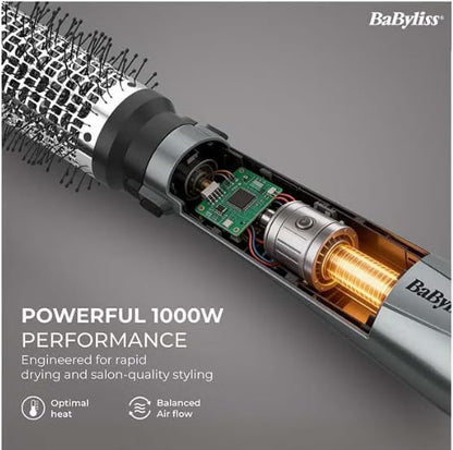 BaByliss 1000W Air Styler Hair Dryer, Ionic Frizz Control, 3 Styling Attachments, 50mm Volumising Brush, Blow Dry Brush, Drying Nozzle, Cool Shot AS261SDE Dark Grey