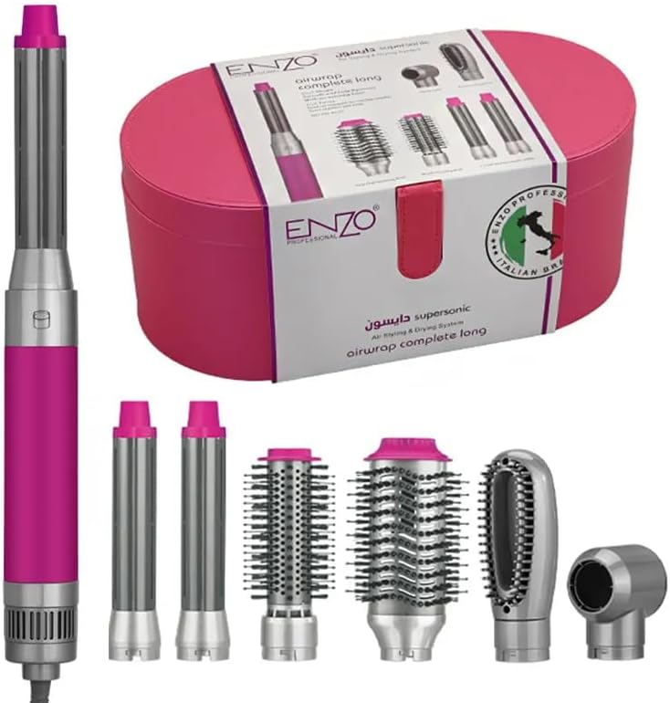 Enzo EN-4133 -Rose Color - 6-in-1 High-Performance Hair Styler – Salon-Grade Ionic Hair Dryer, Hot Air Brush, Straightener & Curler - Intl Version