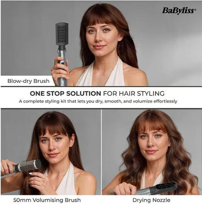BaByliss 1000W Air Styler Hair Dryer, Ionic Frizz Control, 3 Styling Attachments, 50mm Volumising Brush, Blow Dry Brush, Drying Nozzle, Cool Shot AS261SDE Dark Grey