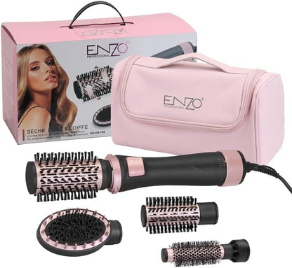 ENZO PROFESSIONAL EN-756 New 2025 Auto Multi Styling Set – 5-in-1 Hair Styler with Auto Rotating Technology, 3 Volumizing Brushes, Oval Massage Comb, Lightweight Motor With Soft Leather Travel Bag