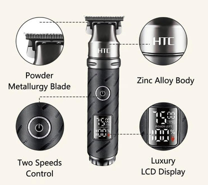 HTC AT-560 Professional Hair Clipper for Men – Heavy-Duty Zinc Alloy Body, Powder Metallurgy Blades, Cordless Use, LED Display, Rechargeable Electric Trimmer for Barbers & Home Use