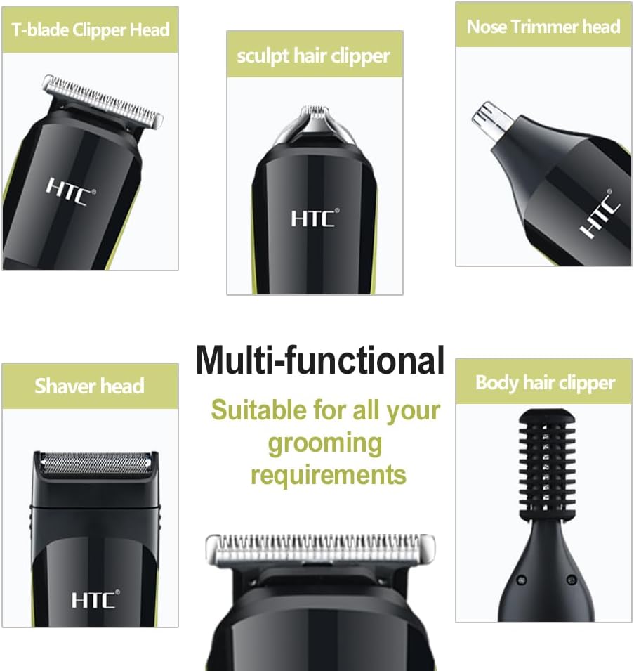 HTC Professional Hair Trimmer, 10-in-1 Multi-Grooming Kit, T-Blade Hair Trimmer, Body Trimmer, Nose and Ear Trimmer, Precision Hair Trimmer, Beard Trimmer Set for Men AT1326