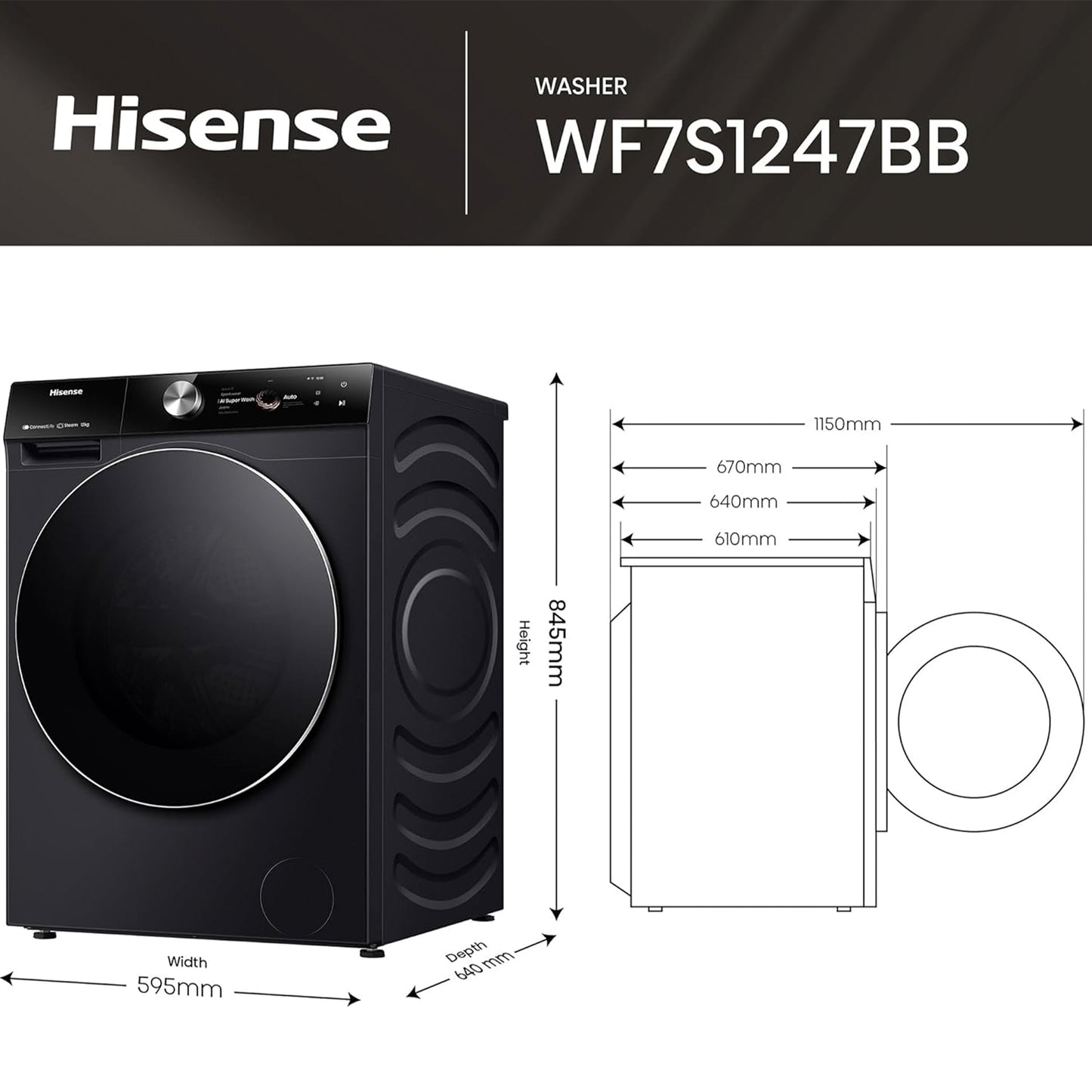 Hisense WF7S1247BB 7S Series 12 Kg Washing Machine with Inverter Motor