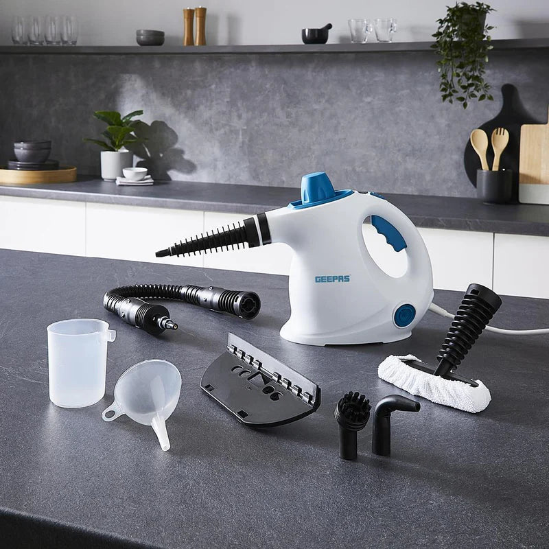 Geepas GSC63064UK Handheld Steam Cleaner – 1050W, 380ml Water Tank, 9 Accessories, 110°C Steam Temperature, Lightweight & Portable, Blue and White