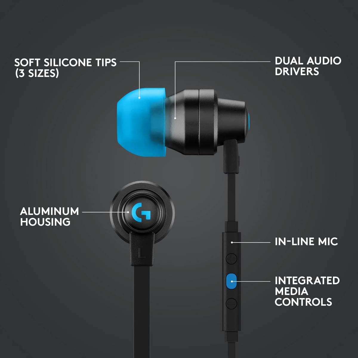 Logitech G333 Gaming Earphones – Dual Dynamic Drivers, In‑Line Mic & Controls, 3.5mm + USB‑C Adapter, Multi‑Platform Compatibility, Black