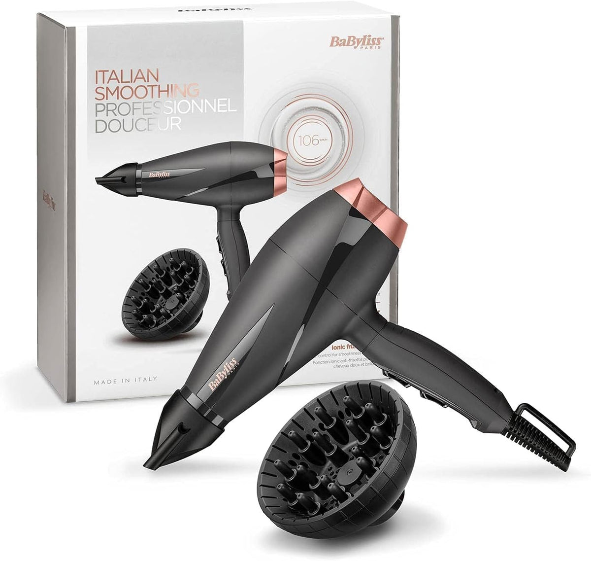 BaByliss Paris Hair Dryer, Salon-grade Motor With 2100w & Ionic Frizz-control, 6mm Ultra-slim Concentrator Nozzle With Lockable Cold Shot, Italian-made For Lasting Performance, 6709DSDE (Black)