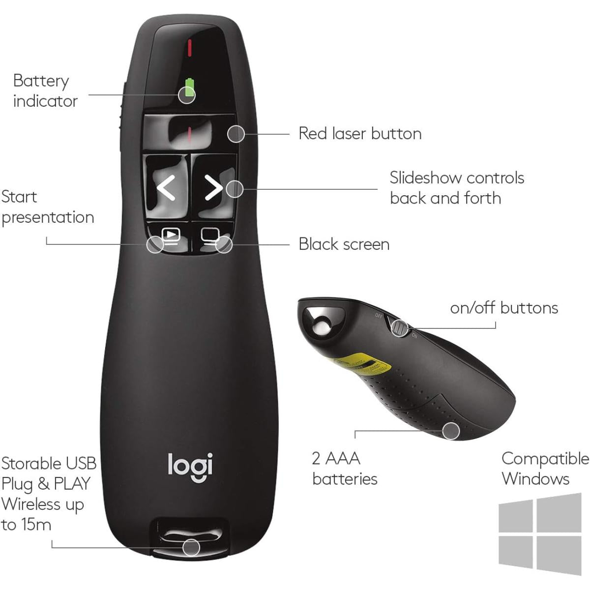 Logitech Wireless Presenter R400, Wireless Presentation Remote Clicker with Laser Pointer