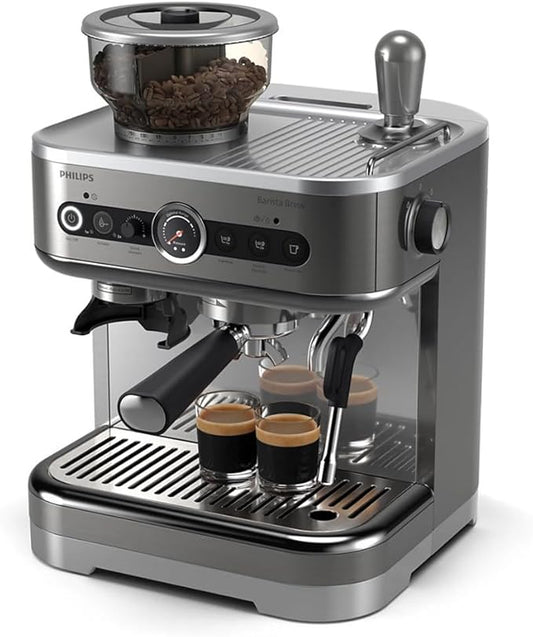 Philips Barista Brew Semi-automatic espresso machine - 280gr dual bean container,stainless steel portafilter, Americano button, 450ml milk jug, Metal conical burr grinder, Pressure gauge - PSA3228/01