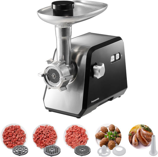 Panasonic 2000W Powerful Meat Grinder, 3.4Kg mincing/min, Durable Die-Cast Aluminium Hopper Plate, 3 Cutting Plates, Sausage & Kubbe Attachment,Cleaning Brush, Made in Japan Blade - MK-GX2010KTZ