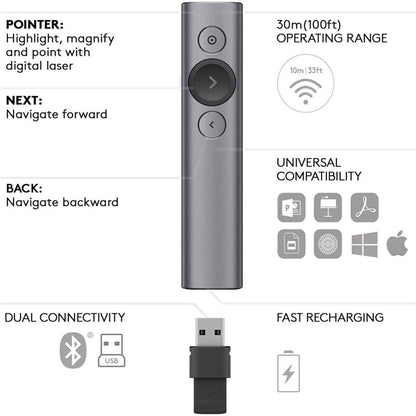 Logitech Spotlight Presentation Remote – Advanced Digital Pointer, Bluetooth & USB Connectivity, Motion Sensor Control, 30m Range, Rechargeable Battery, Slate