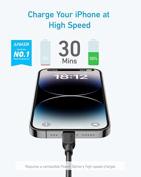 A81B5H11 Anker 322 USB-C to Lightning Cable (3ft Braided) Black