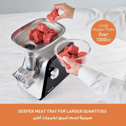 Panasonic 2000W Powerful Meat Grinder, 3.4Kg mincing/min, Durable Die-Cast Aluminium Hopper Plate, 3 Cutting Plates, Sausage & Kubbe Attachment,Cleaning Brush, Made in Japan Blade - MK-GX2010KTZ