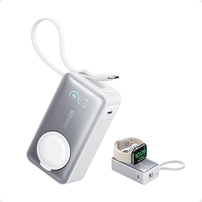 Anker MagGo Power Bank for Apple Watch, Officially Certified 10,000mAh Compact Battery Pack with Built-in USB-C Cable