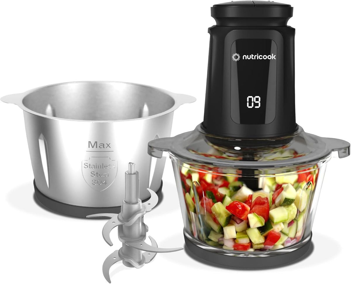 Nutricook Glass Chopper & Mincer – 500W, Dual 3L Bowls, 4 Detachable SS Blades, Easy Clean, Pulse Precision, Ice Crushing, Anti-Slip Ring, CH6000ME, Clear/Silver/Black, 2-Year Warranty