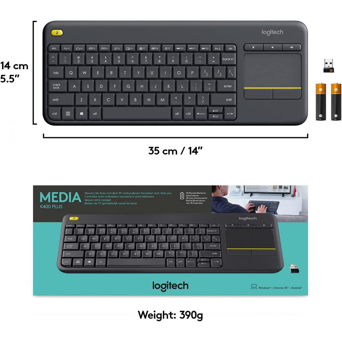 Logitech Wireless Keyboard K400 Plus With Touchpad for TV, Computers, Phones and Tablets Arabic / English - Black