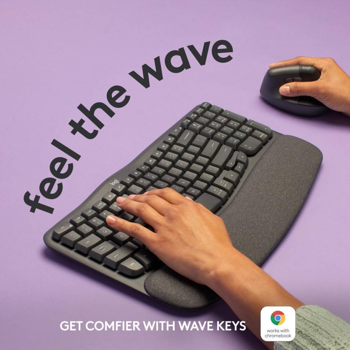 Logitech Wave Keys Wireless Ergonomic Keyboard with Cushioned Palm Rest, Comfortable Natural Typing, Easy-Switch, Bluetooth, Logi Bolt Receiver, for Multi-OS, Windows/Mac, AR Layout - Graphite