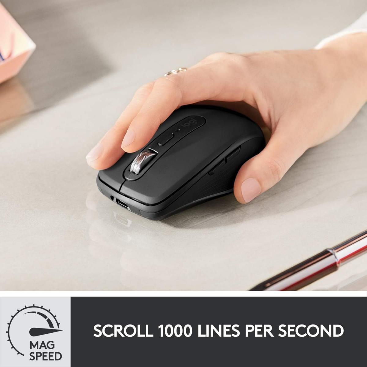 Logitech MX Anywhere 3s Compact Performance Re-chargeable Mouse, Wireless, Fast Scroll, Any Surface, Portable, 4000DPI, Customizable Buttons, USB-C Bluetooth - Pale Grey