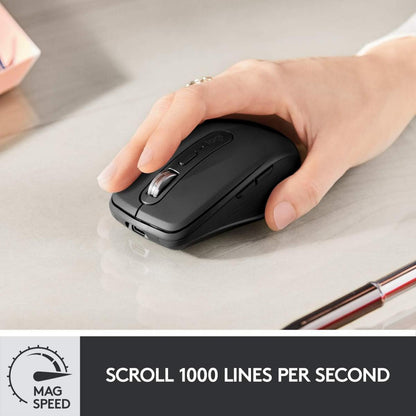 Logitech MX Anywhere 3s Compact Performance Re-chargeable Mouse, Wireless, Fast Scroll, Any Surface, Portable, 4000DPI, Customizable Buttons, USB-C Bluetooth - Pale Grey