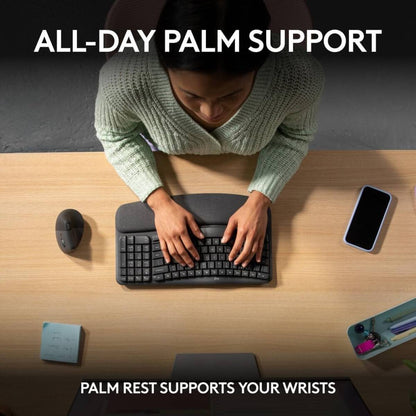 Logitech Wave Keys Wireless Ergonomic Keyboard with Cushioned Palm Rest, Comfortable Natural Typing, Easy-Switch, Bluetooth, Logi Bolt Receiver, for Multi-OS, Windows/Mac, AR Layout - Graphite