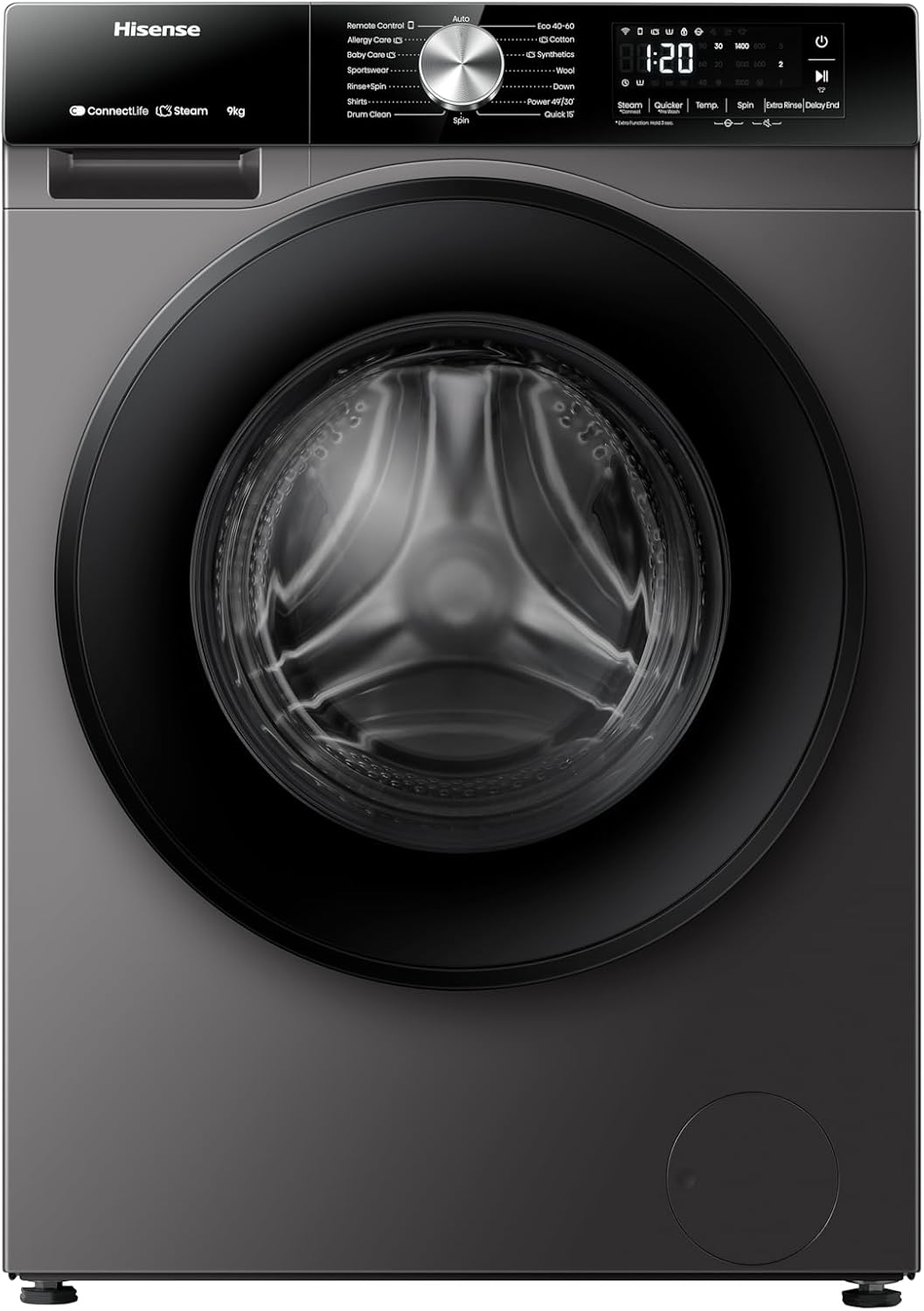 Hisense WF3S9043BT 3S Series 9 Kg Washing Machine with Inverter Motor, Smart WiFi, 1400 RPM, 15 Programs, Auto Wash, Titanium Grey