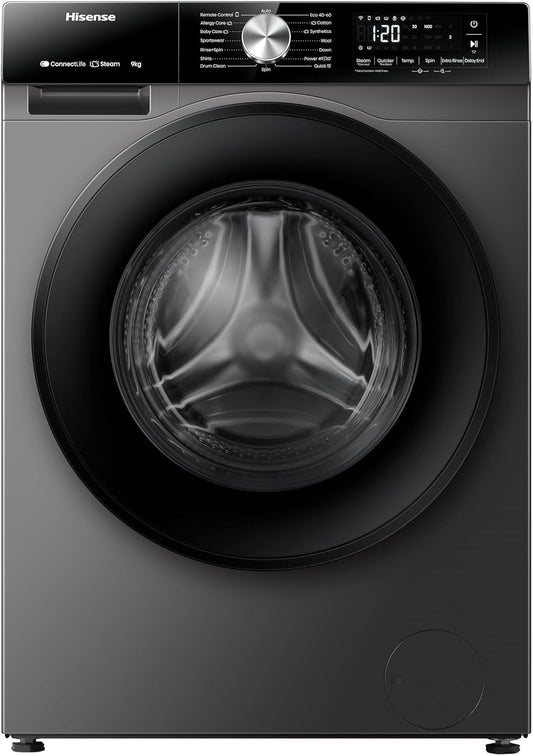 Hisense WF3S9043BT 3S Series 9 Kg Washing Machine with Inverter Motor, Smart WiFi, 1400 RPM, 15 Programs, Auto Wash, Titanium Grey