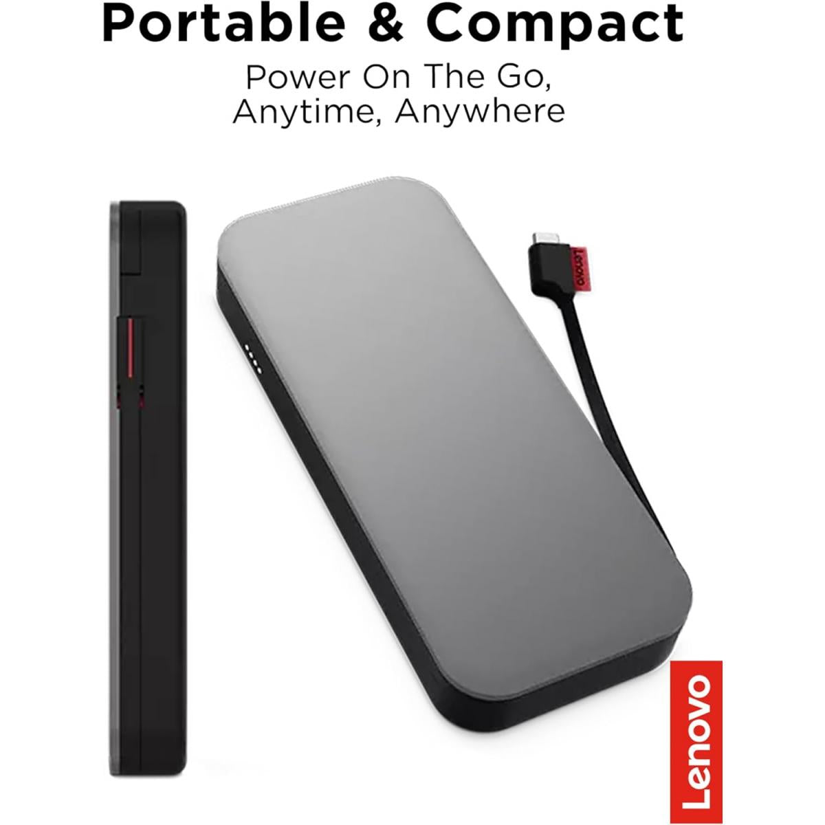 Lenovo Go USB-C Laptop Power Bank (20000 mAh) - 65W - USB-C and USB-A Ports - Fast Charging Portable Power Station with Integrated Cable - Model PBLG2W - Storm Grey