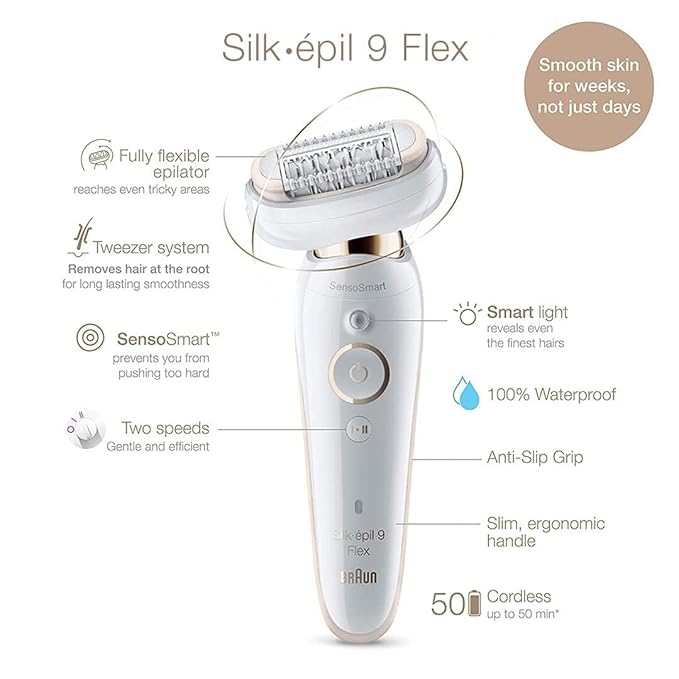 Braun Silk-Epil 9 Flex Epilator for Women, Flexible Head for Easier Hair Removal, Anti-Slip Grip & Pressure Control, Smartlight to remove finest hair, Waterproof, Deep Body Exfoliation Brush