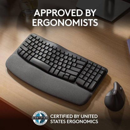 Logitech Wave Keys Wireless Ergonomic Keyboard with Cushioned Palm Rest, Comfortable Natural Typing, Easy-Switch, Bluetooth, Logi Bolt Receiver, for Multi-OS, Windows/Mac, AR Layout - Graphite