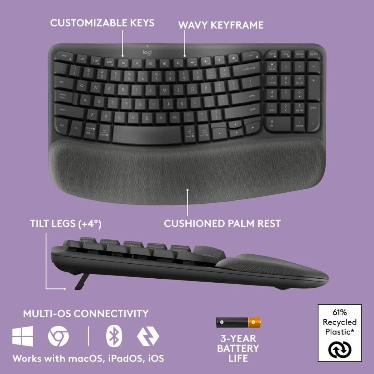 Logitech Wave Keys Wireless Ergonomic Keyboard with Cushioned Palm Rest, Comfortable Natural Typing, Easy-Switch, Bluetooth, Logi Bolt Receiver, for Multi-OS, Windows/Mac, AR Layout - Graphite
