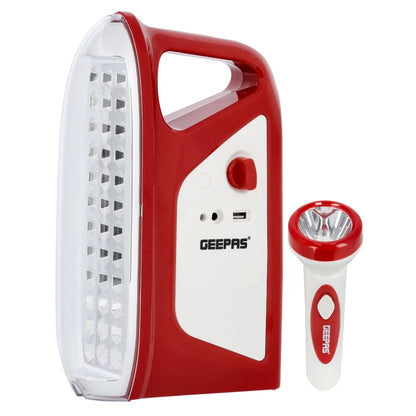 Geepas GEFL4664N 2-in-1 Rechargeable Lantern and Torch – 36 SMD LED Lantern, 3W Hi-Power Torch, Solar & USB Charging, Energy Efficient, Red & White