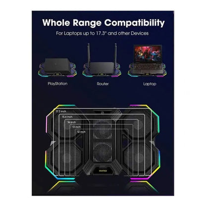 F12 Dazzle Mute Super Cyclone RGB Laptop Cooling Pad, Gaming Laptop Cooling Stand With Dual USB, Six Height-Adjustable Fans, Extra iPad/Phone Stand For 11 to 16" Laptops