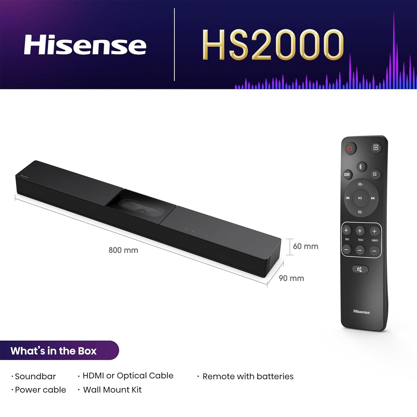 Hisense HS2000, 2.1 CH Soundbar, Visual built-in subwoofer, 240W max audio power