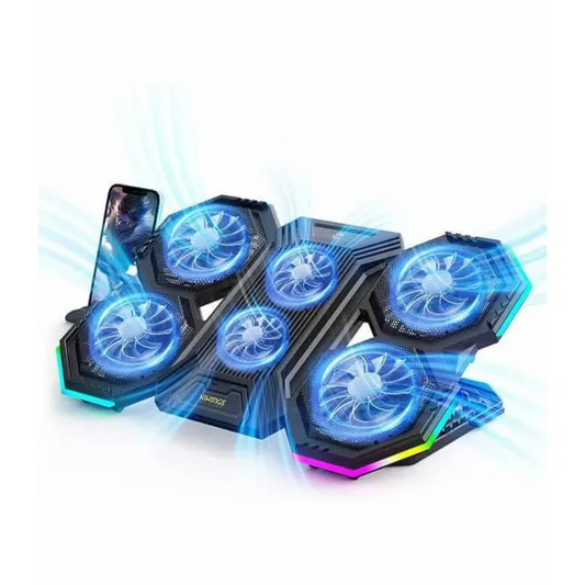 F12 Dazzle Mute Super Cyclone RGB Laptop Cooling Pad, Gaming Laptop Cooling Stand With Dual USB, Six Height-Adjustable Fans, Extra iPad/Phone Stand For 11 to 16" Laptops