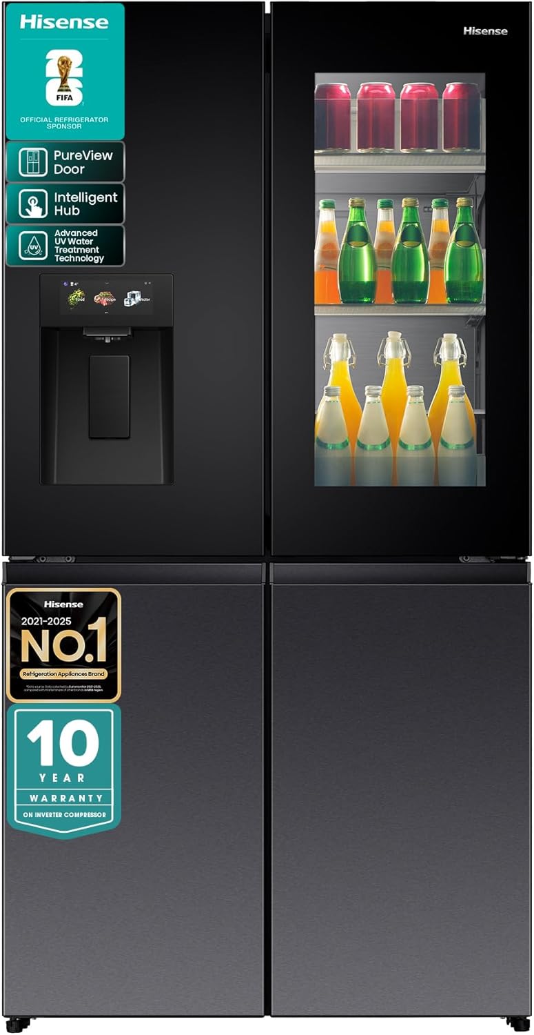 Hisense RQ9P780TTB1 Gross 780L Net 615L, Premium Flat Door French Refrigerator Pure View Door Series 6.86 TFT Screen with Intelligent Hub Function, Advanced UV Ice & Water Treatment Technology.